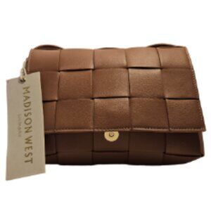 Madison West Womens Padded Woven Crossbody Shoulder Bag Clutch Purse Tan